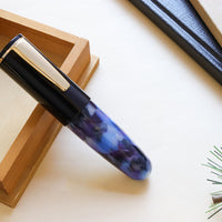 明るい背景と本の上に置かれたPochaco ミッドナイトバイオレット万年筆の全体画像、紫と黒の上品な色合い